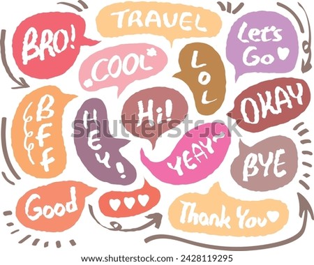 Speech bubble with short messages.Speech bubbles with short phrases,for social media comments and messages. Set of hand drawn doodle speech bubbles with handwritten short phrases. Chat balloon. Hello