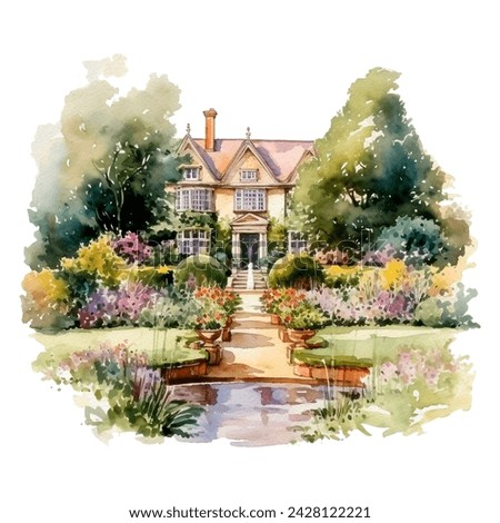 A traditional English cottage surrounded by a flower garden and garden, painted with watercolors on tourist design paper.