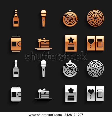 Set Cake, Pizza, Greeting card, Beer can, Classic dart board and arrow, Champagne bottle and Karaoke microphone icon. Vector