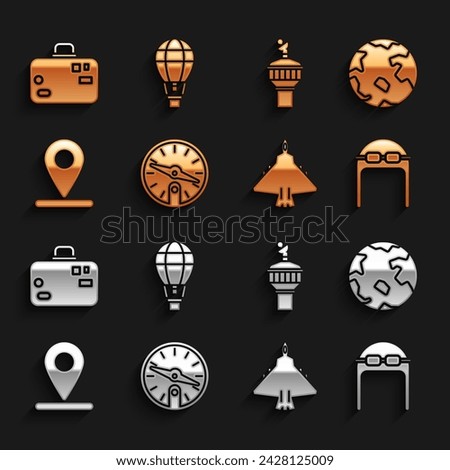 Set Compass, Worldwide, Aviator hat with goggles, Jet fighter, Location, Radar, Suitcase and Hot air balloon icon. Vector