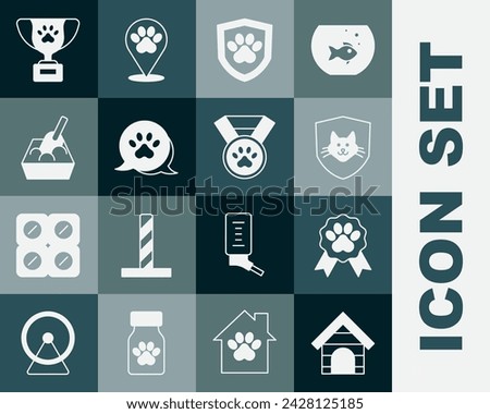 Set Dog house, Pet award symbol, Animal health insurance, Paw print, Cat litter tray with shovel,  and  icon. Vector