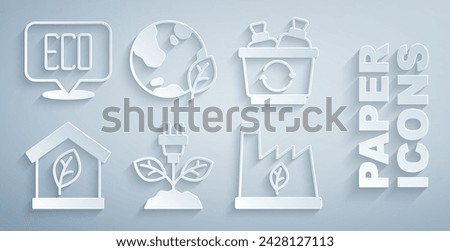Set Electric saving plug in leaf, Recycle bin, Eco friendly house, Plant recycling garbage, Earth globe and and Leaf symbol icon. Vector