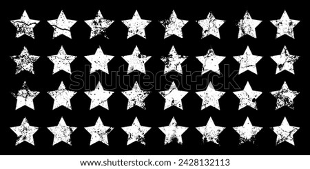 Vintage stars with cracks and stains. Old hand-drawn sign, white simple shape. Retro design element with distressed effect, grunge texture. Vector illustration