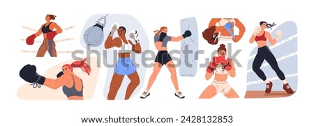 Woman boxing set. Female boxers at box workout, sport training. Strong girls fighters exercising in gloves, punching, hitting bag. Flat graphic vector illustrations isolated on white background Royalty-Free Stock Photo #2428132853