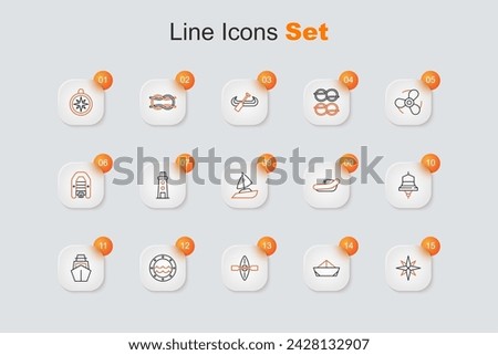 Set line Wind rose, Folded paper boat, Kayak and paddle, Ship porthole, Yacht sailboat, bell, Inflatable with motor and  icon. Vector