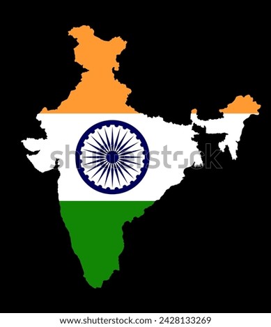 India map vector silhouette illustration isolated on black background. India flag over map. State in Asia.