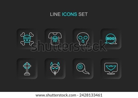 Set line Flying bat, Eye, Devil head, Tombstone with cross, Boo speech bubble, Skull, Shirt skull and crossbones icon. Vector