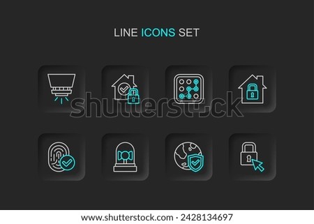 Set line Lock, Shield with world globe, Ringing alarm bell, Fingerprint, House under protection, Graphic password,  and Fire sprinkler system icon. Vector