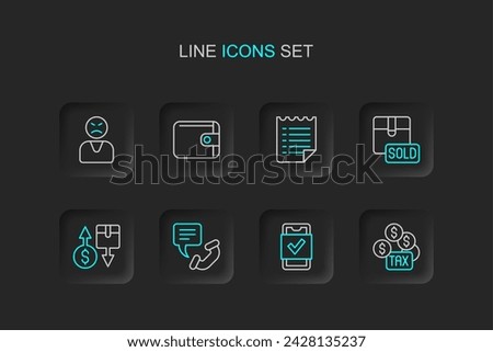 Set line Tax payment, Mobile shopping, Telephone 24 hours support, cardboard box, Sold, Wish list template, Wallet and Angry customer icon. Vector
