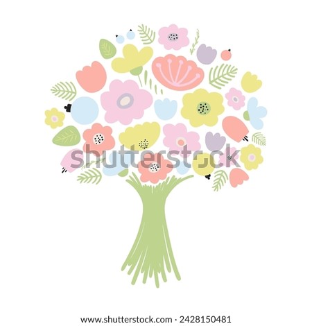 Bouquet of spring flowers hand drawn illustration. Flat style design, isolated vector. Easter holiday clip art, seasonal card, banner, poster, element. Pastel blossoms, blooms, florals