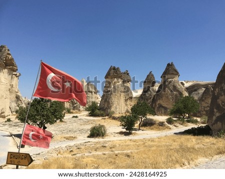 Fairy chimneys in Cappadocia with a Turkish flag