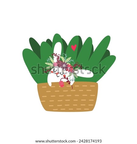 Cute bunny in spring wreath sitting in basket with green grass, holding flower in paws. Funny cartoon character, white rabbit in floral bouquet on head. Hand drawn vector illustration, flat design