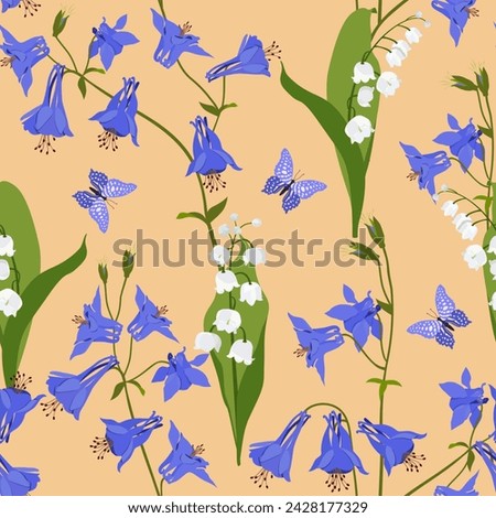 Tender lilies of the valley, aquilegia and butterflies on a beige background. Vector seamless illustration. For decorating textiles, packaging, web design. Royalty-Free Stock Photo #2428177329