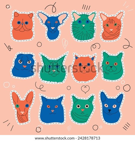 Abstract colored cat's stickers set. Cat collection. Childish doodle style. Vector illustration.