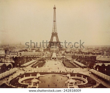 Eiffel Tower and Champ de Mars seen from Trocadero Palace, Paris Exposition, 1889. Royalty-Free Stock Photo #242818009