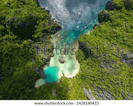 Top view of clear turquoise water and corals with sunlight in Cadlao Lagoon. El Nido, Philippines.