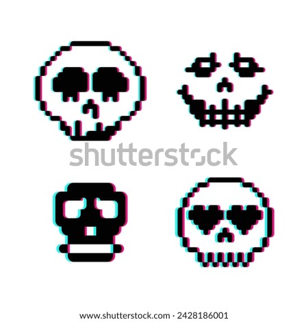 Skull head pixel 8 bit glitch effect illustration vector clip art, t shirt design, sticker collection 