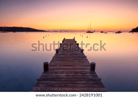 Wooden jetty at dawn, sunrise, long exposure, corsica, france, mediterranean, europe
