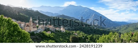 Panorama of village and mountains near corte, corsica, france, europe