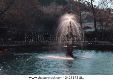 artificial lake and fountain with light on it.  It was shot with a low shutter speed.