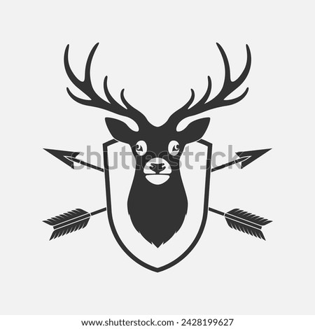 Deer head and crossed arrows graphic icon. Hunting symbol. Sign isolated on white background. Vector illustration