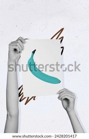 Vertical image collage hands hold photo picture banana exotic tropical fruit healthcare nutrition food drawing background