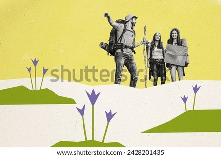 Poster collage picture of happy people travelers exploring nature march warm weather isolated on painted background