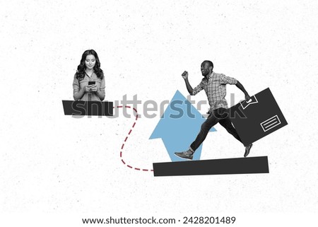 Exclusive magazine picture sketch collage image of happy smiling lady waiting courier delivering online orders isolated white color background