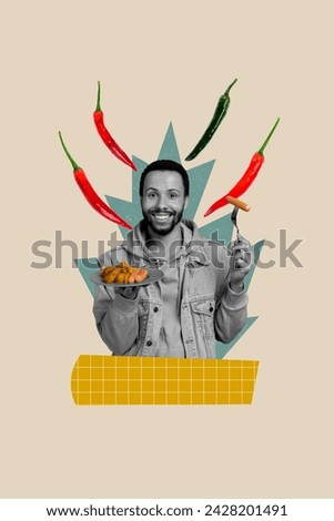 Collage picture artwork of cheerful happy man eating spicy hot natural meal isolated on drawing background