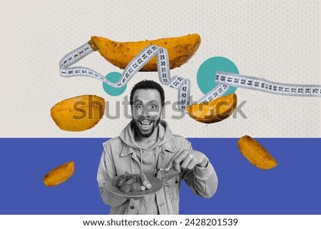 Photo collage picture young excited man eat fried potato junk unhealthy food calories fat measure nutrition diet drawing background