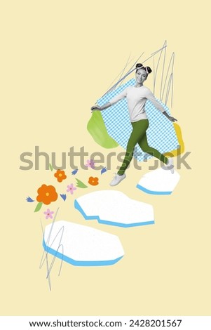 Collage sketch picture of lovely charming cheerful girl going jumping on melting ice isolated drawing background