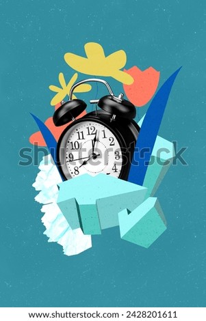 Collage conceptual picture of alarm clock and melting ice symbolizing spring is coming isolated on blue drawing background
