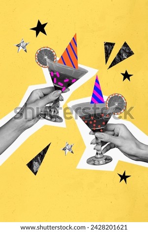 Exclusive magazine picture sketch collage image of hands drinking cocktails cheers isolated creative background