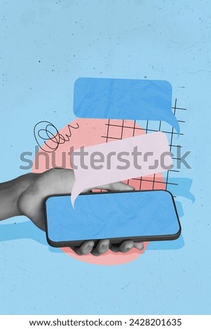 Vertical creative magazine collage of hand hold iphone correspondence communication distance text box internet online gadget isolated on painting background