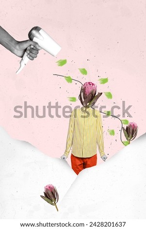 Vertical collage image of black white effect arm hold hair dryer blow hot air guy flower instead head melt snow isolated on pink background