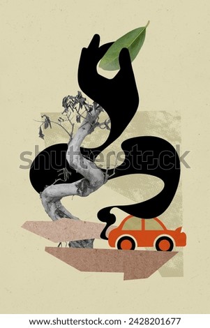Vertical collage picture car engine toxic exhaust air pollution dead tree pick green leaf nature catastrophe ecology problem