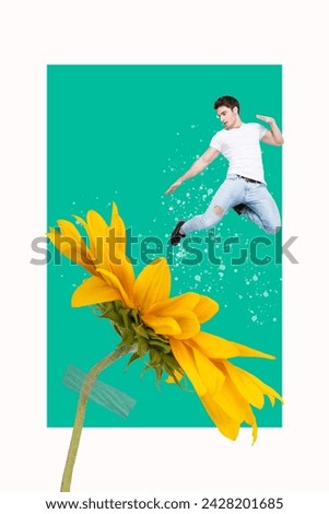 Vertical collage image poster young funky man jumping flower trampoline sunflower summer plant season energetic motion drawing background