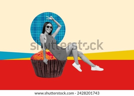 Photo collage creative picture young funky girl sit cupcake sweet bakery dessert show victory sign two fingers gesture sunglass smile.