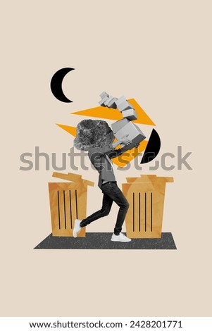 Vertical creative collage image of young man rock instead head throw away trash bin cleaning unusual fantasy billboard comics Royalty-Free Stock Photo #2428201771