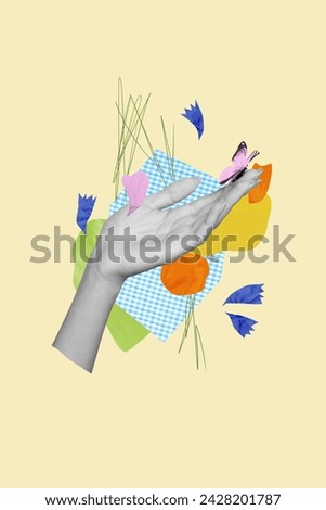 Collage vertical picture artwork of beautiful butterfly sitting on human arm warm spring weather season isolated on drawing background