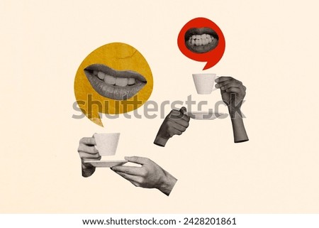 Creative drawing collage picture of mouth talk share news hands hold coffee cups gossips rumors speech bubble fantasy billboard comics zine Royalty-Free Stock Photo #2428201861