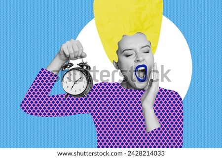 Image picture collage of sleepy yawning girl waking up early morning isolated on colorful painted background