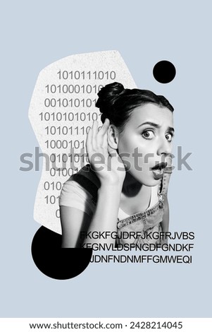 Vertical collage picture of impressed black white colors girl arm near ear listen eavesdropping code numbers letters isolated on blue background