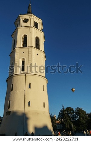 Cathedral belfry with hot air balloon, cathedral square, vilnius, lithuania, europe
