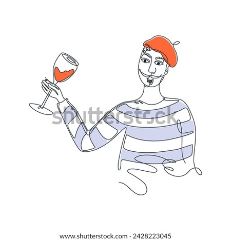 Frenchman with glass of wine. Stereotype outfit with beret and striped long sleeve. Line art drawing human portrait. Sommelier, cute character for card, banner, menu. Hand drawn vector illustration.