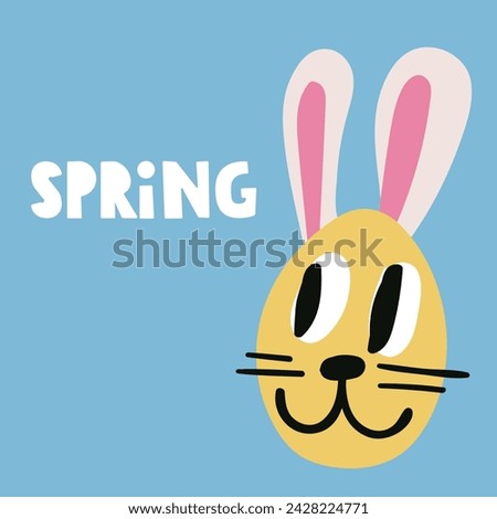 Word - Spring. Funny bunny. Flat vector hand drawn banner. Illustration.