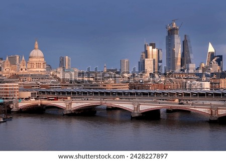 Skyline of st. pauls cathedral, the city of london and blackfriars bridge over the river thames, london, england, united kingdom, europe