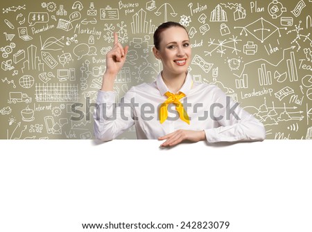 Young pretty businesswoman with white blank banner on sketch background