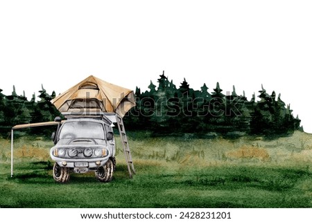 Card design with off road car and roof top tent on forest backdrop. Clip art for camping, touring, exploring, travel, holiday, prints. Copy space. Watercolor illustration isolated on white background