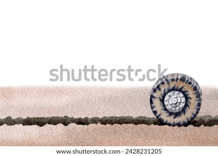 Card design with car wheel and tyre track on sandy desert background. Clip art composition for touring, exploring, travel, car service, adventure.  Watercolor illustration isolated on white background